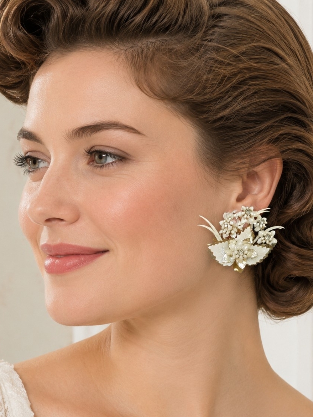 Vintage West Germany White Floral Clip On Earrings 1940s Lightweight Statement